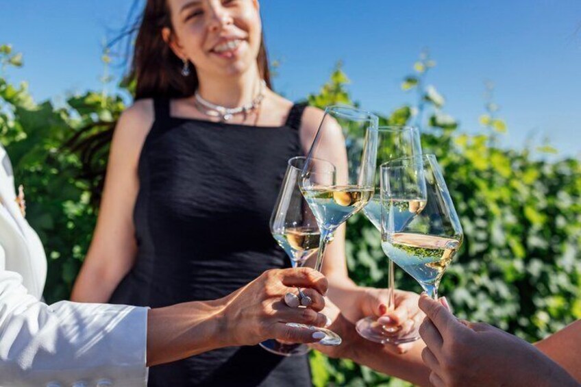 Two people toasting with wine glasses, a woman in a black dress, and greenery in the background. 1