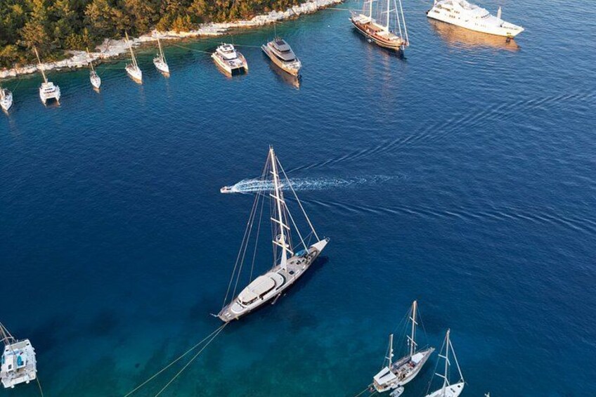 A marina with multiple sailboats docked. 2