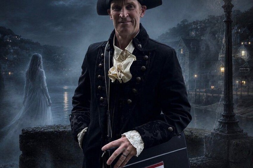A person in historical attire standing by a waterfront with a ghostly figure in the background. 3
