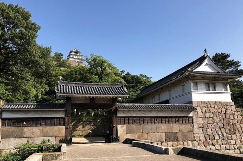 A traditional Japanese gate with a stone wall and a pagoda in the background. 2