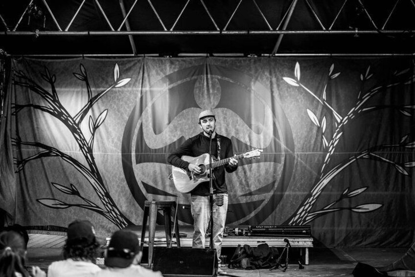 A person playing a guitar on a stage with a backdrop of abstract art. 5