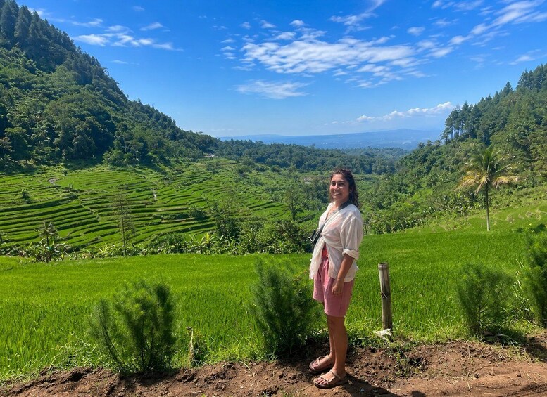 A person standing on a hill overlooking terraced rice fields with a mountainous backdrop. 5