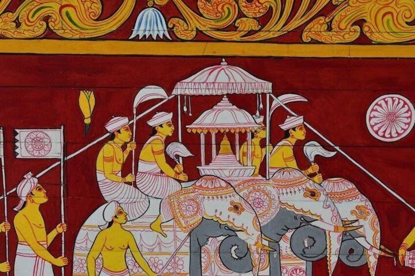 A traditional Indian scene with figures on an elephant, a canopy, and a flag. 3