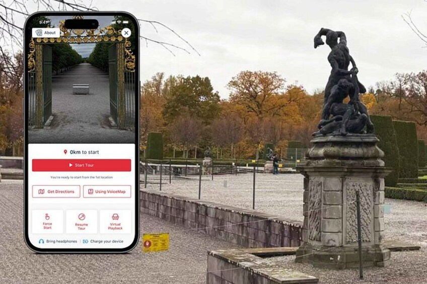 A smartphone displaying a map with a statue and a pathway in a park. 1