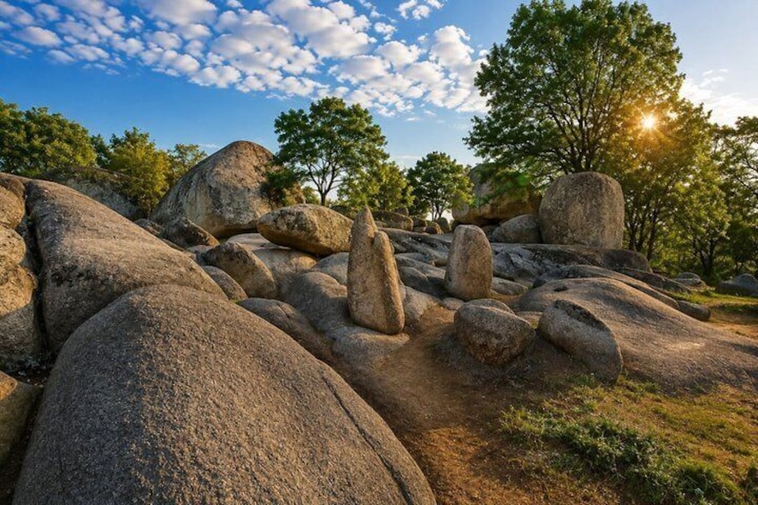 Large boulders, trees, and a clear sky. 5