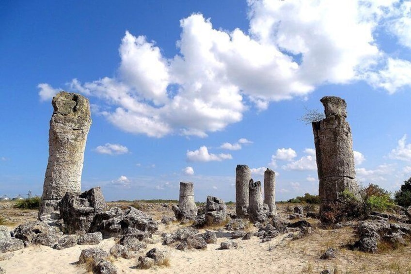 Ancient stone pillars in a desert landscape. 2