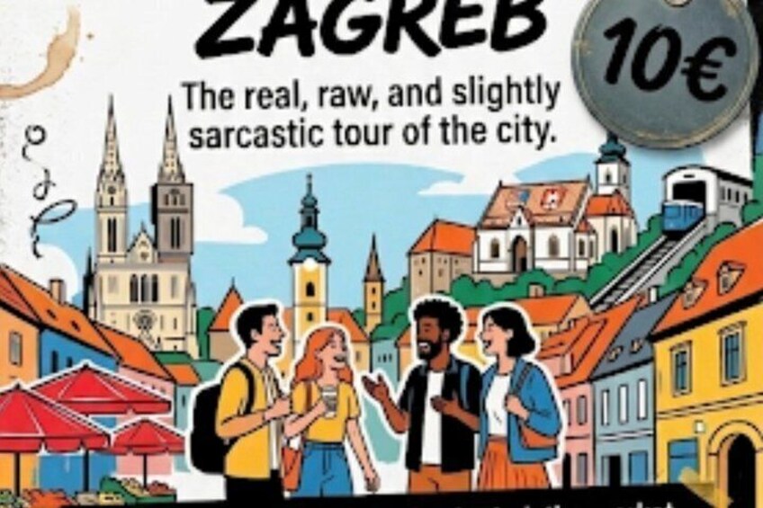 A cityscape with a church, a tram, and people walking. 1