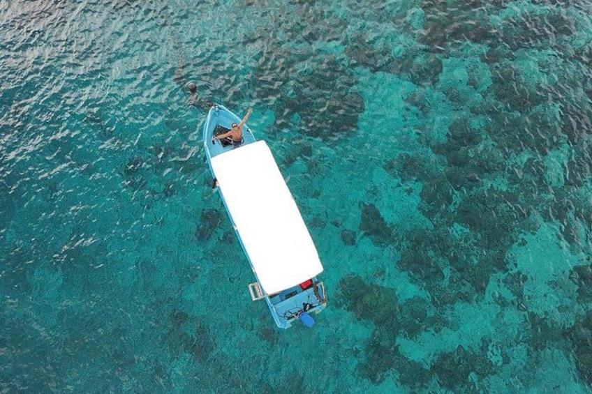 A small boat with a white cover on a clear blue sea. 1