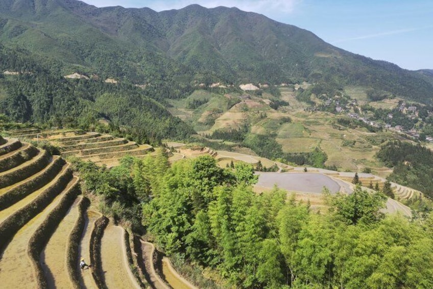 Terraced fields, dense forest, and a mountain range. 3