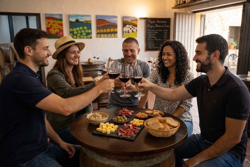 A group of people toasting with wine glasses around a table with cheese, olives, and bread. 1
