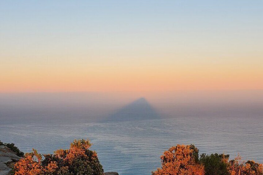 A coastal landscape with a hazy mountain in the distance, calm sea, and autumn-colored trees in the foreground. 3