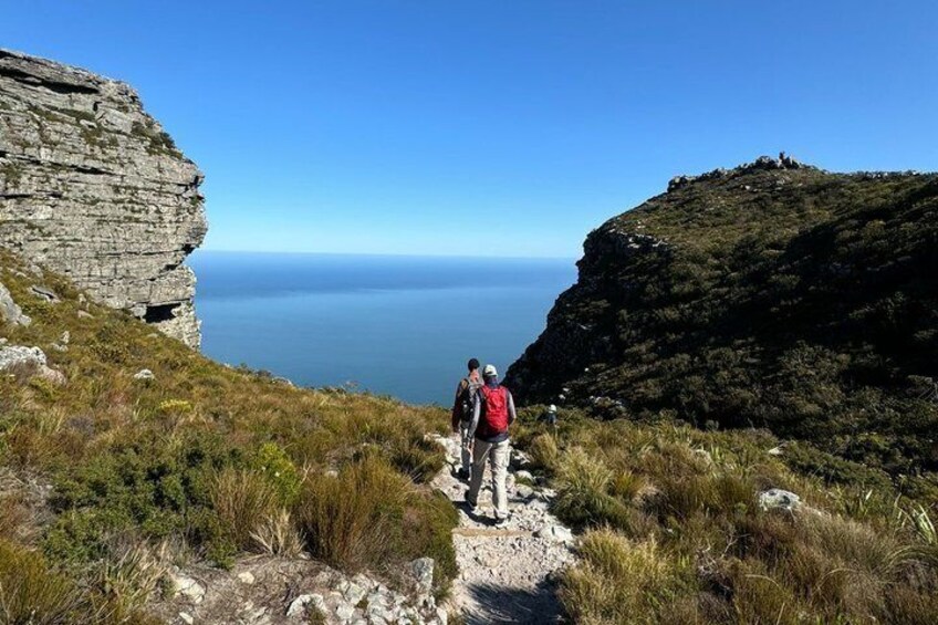 Un sentier de randonnée avec un terrain rocailleux et une vue sur l’océan. 4
