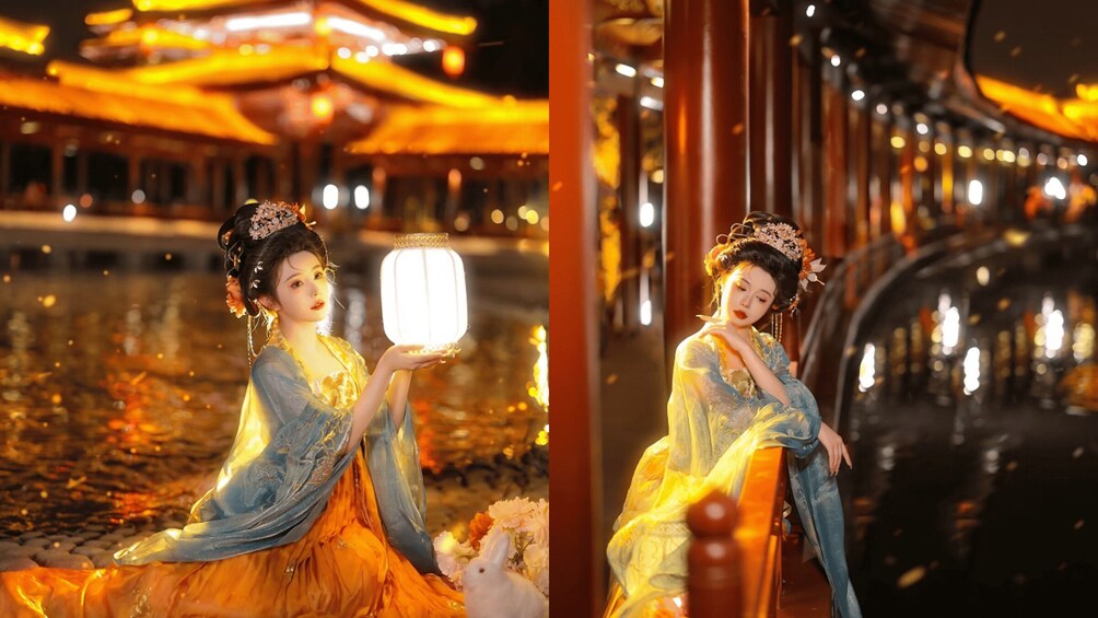 A person in traditional attire holding a lantern, with a water body and traditional architecture in the background. 2