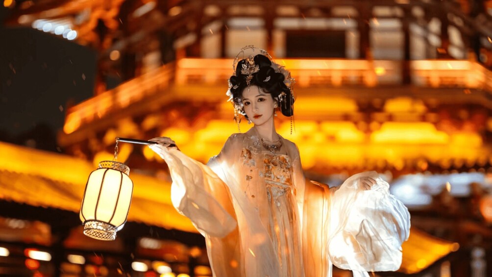 A person in traditional attire holding a lantern, with a blurred background of ornate architecture. 1