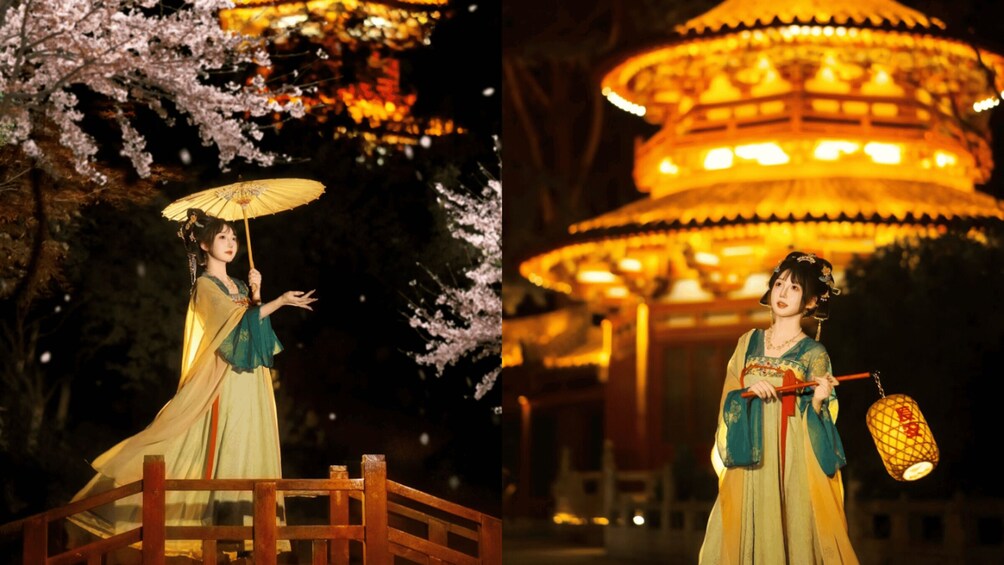 Two women in traditional attire, one holding an umbrella, and a traditional lantern structure in the background. 3