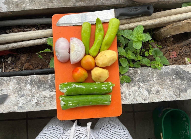 A variety of vegetables on an orange cutting board. 5