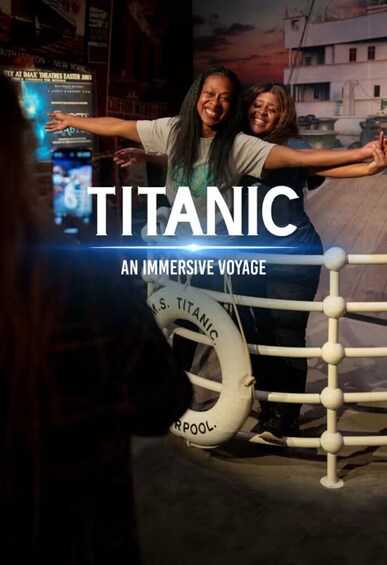 A person taking a photo with a lifebuoy labeled 'M.S. TITANIC' in the foreground. 4