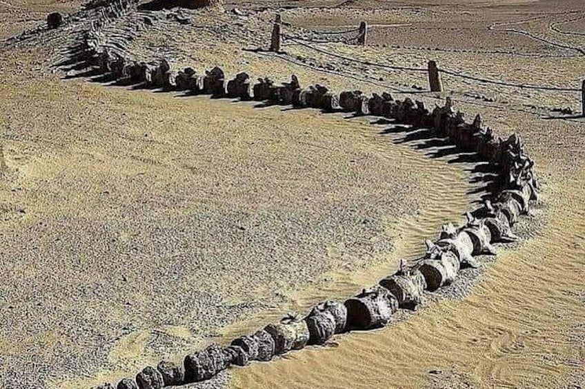A dry, arid landscape with a series of stone structures forming a curved line. 4