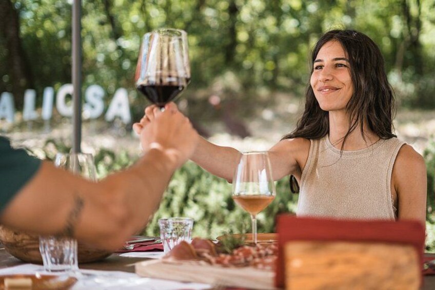 Two people toasting with wine glasses at an outdoor table with a wooden table, a glass of water, and a plate of food. 2