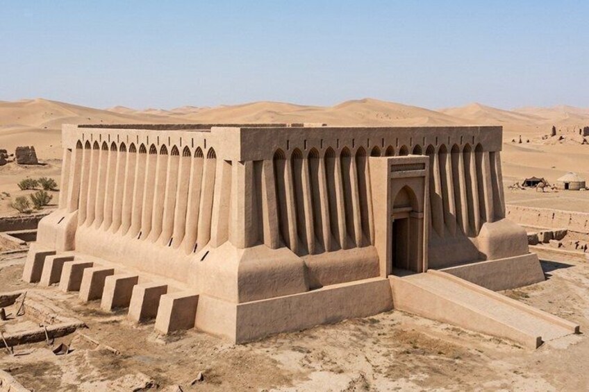 A large, ancient structure with a series of arches and a central doorway, surrounded by desert terrain. 4