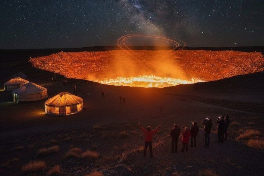 A night scene with a fire in the desert, yurts, and people observing. 1