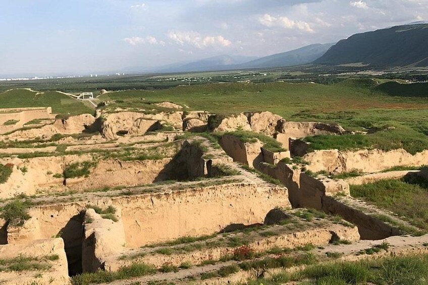 Ancient ruins with stepped structures and a distant mountain range. 2