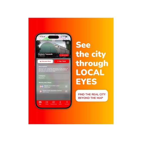 A smartphone displaying a map with a location named 'Madame Tussauds' and nearby bus stops. 4
