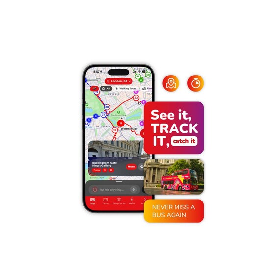 A smartphone displaying a map with a bus route and landmarks. 2