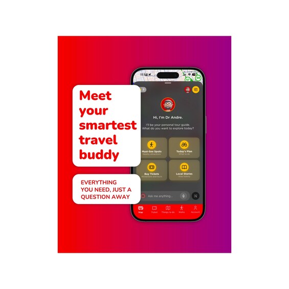 A smartphone displaying a travel app interface with a map and various options like 'Buy Tickets' and 'Today's Plan'. 3