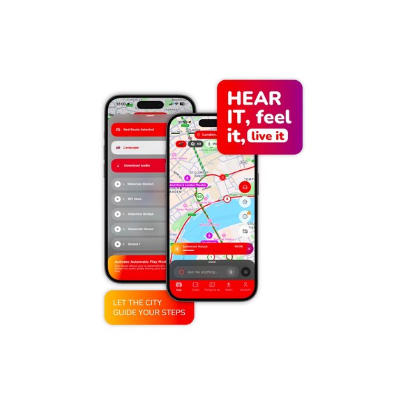 Two smartphones displaying a map with a red route and various landmarks. 5