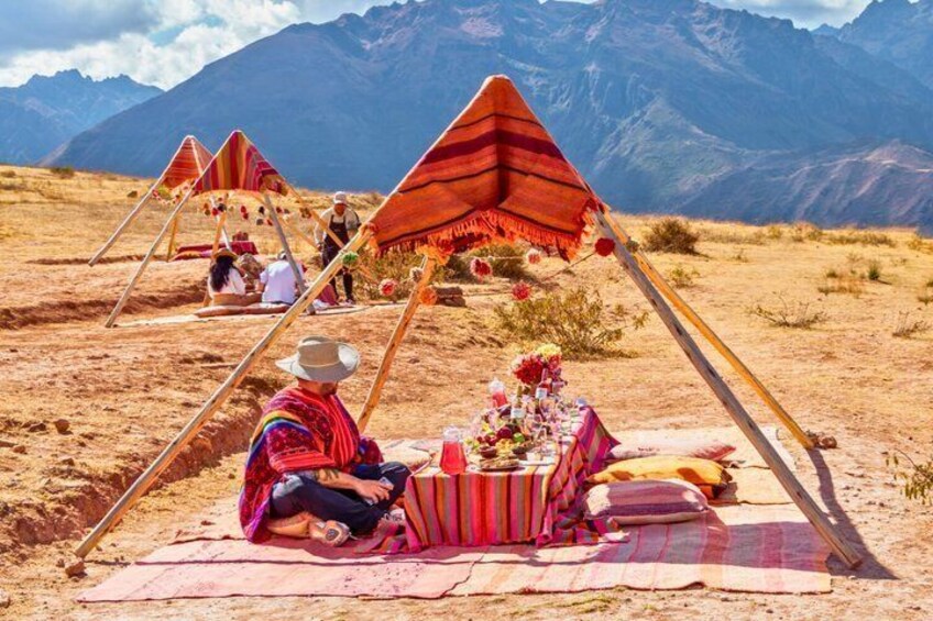 A desert landscape with people under striped canopies, a blanket, and a table with flowers. 1