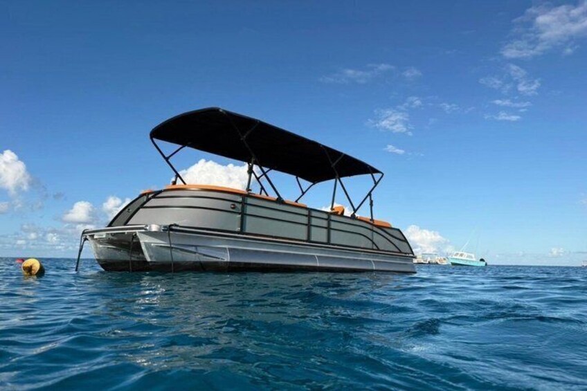A boat with a canopy on the water. 1