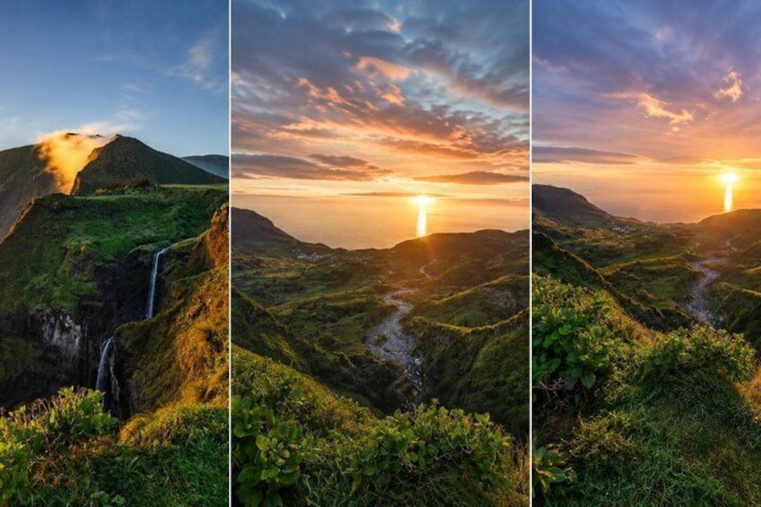 A mountainous landscape with a waterfall, lush greenery, and a sunset. 5