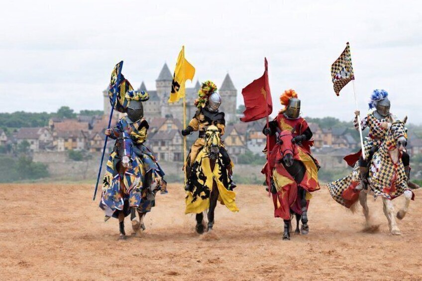 Medieval knights in colorful armor on horseback, riding in a line with flags, in an open field with a castle in the background. 3