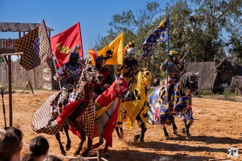 Medieval knights on horseback, dressed in colorful armor, riding in a line with flags. 1