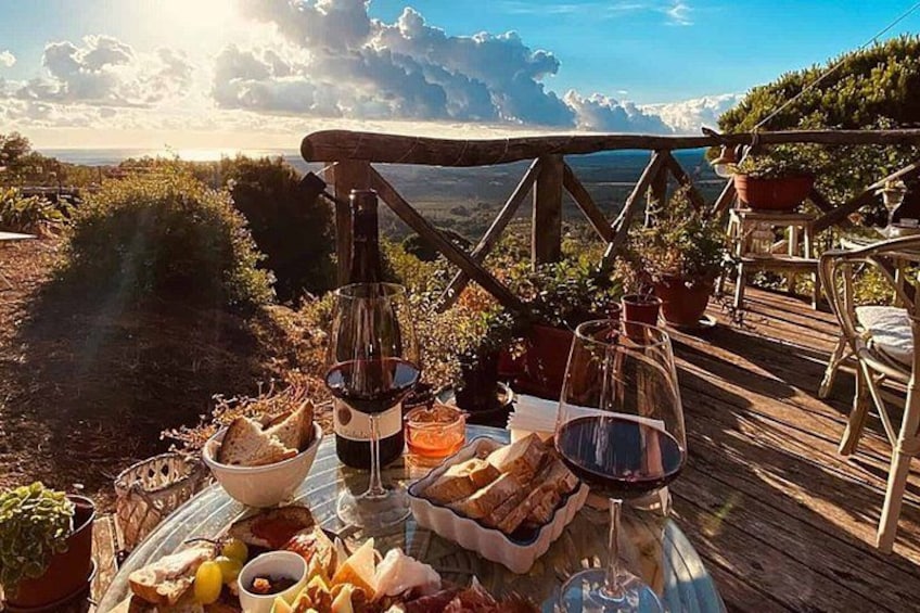Un montaje para picnic con copas de vino, pan, queso y una vista panorámica de un paisaje montañoso. 4