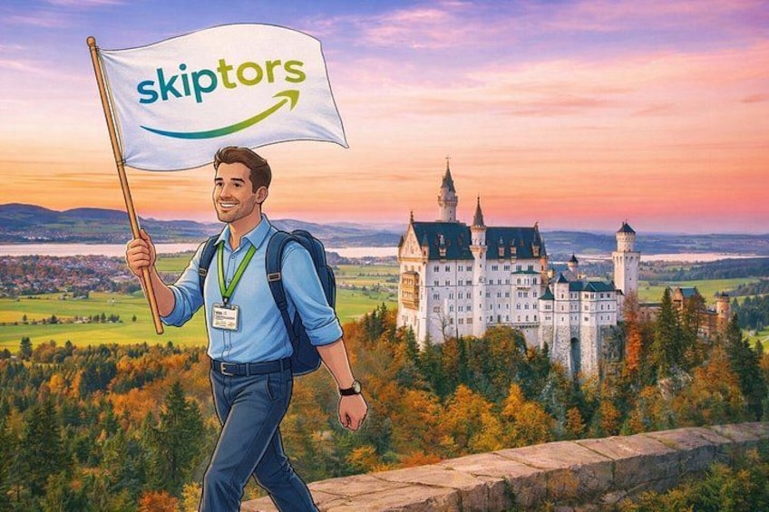 A person holding a flag with 'skiptors' text, walking near a castle with a mountainous landscape in the background. 2