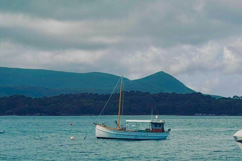 A sailboat on calm water with a mountain in the background. 1