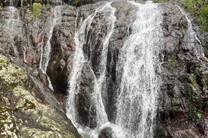 Une cascade d’eau se déversant sur un terrain rocheux, avec des rochers couverts de mousse et une végétation luxuriante. 3