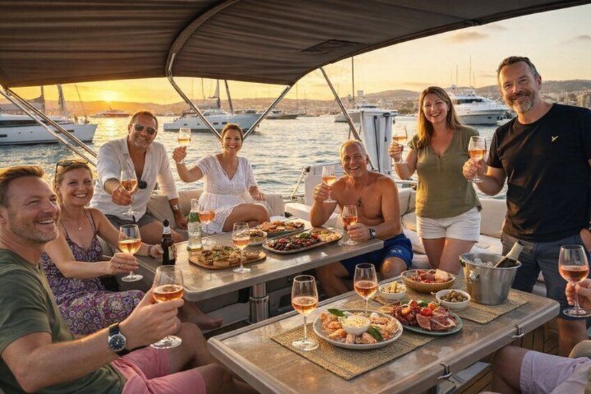 A group of people enjoying a meal on a boat with a marina in the background. 1