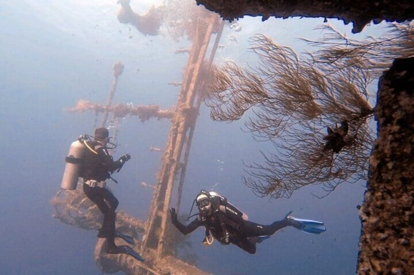 Two divers exploring an underwater wreck. 1