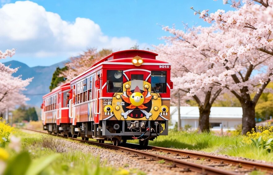 A red train with a pirate-themed front, numbered 3010, traveling on tracks surrounded by cherry blossoms. 5