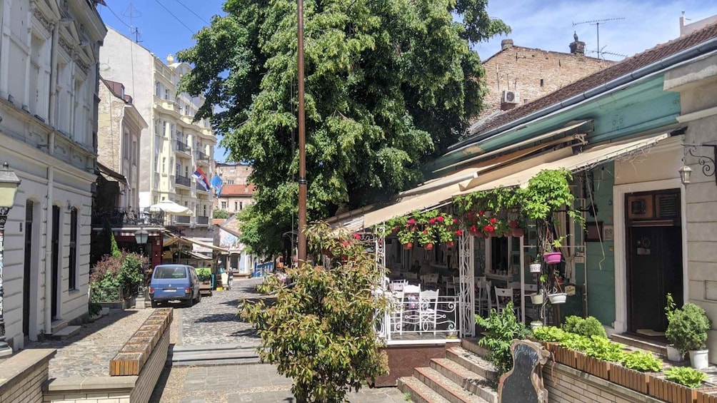 A narrow street with buildings on either side, a tree, and a parked car. 4
