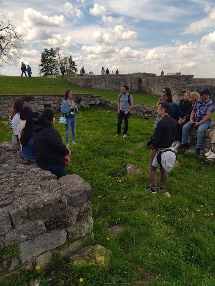 A group of people gathered around a stone wall in a grassy area with a cloudy sky. 5