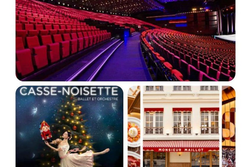 An indoor theater with red seats and a Christmas tree. 2
