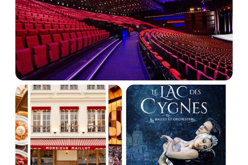 An indoor theater with red seats, a storefront with a red awning, and a ballet poster. 3