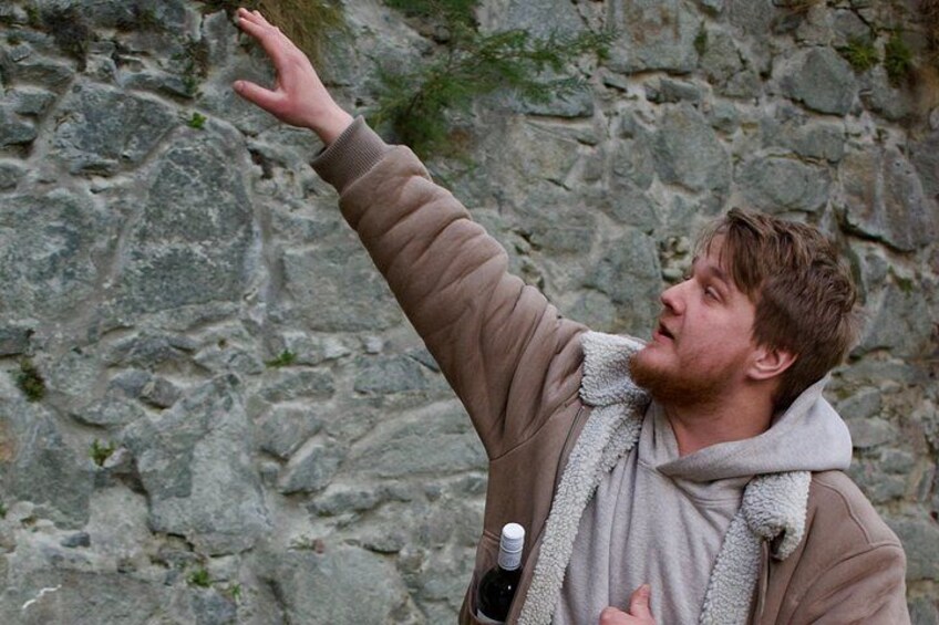 A person in a brown jacket reaching out towards a rocky cliff. 2