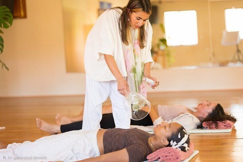 A person performing a massage on another individual in a room with wooden flooring and a mirror in the background. 5