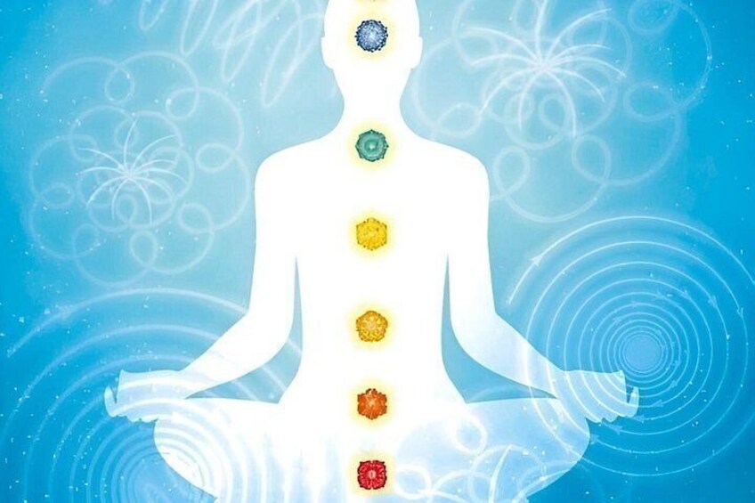A human figure with chakras represented as colored orbs along the spine. 2