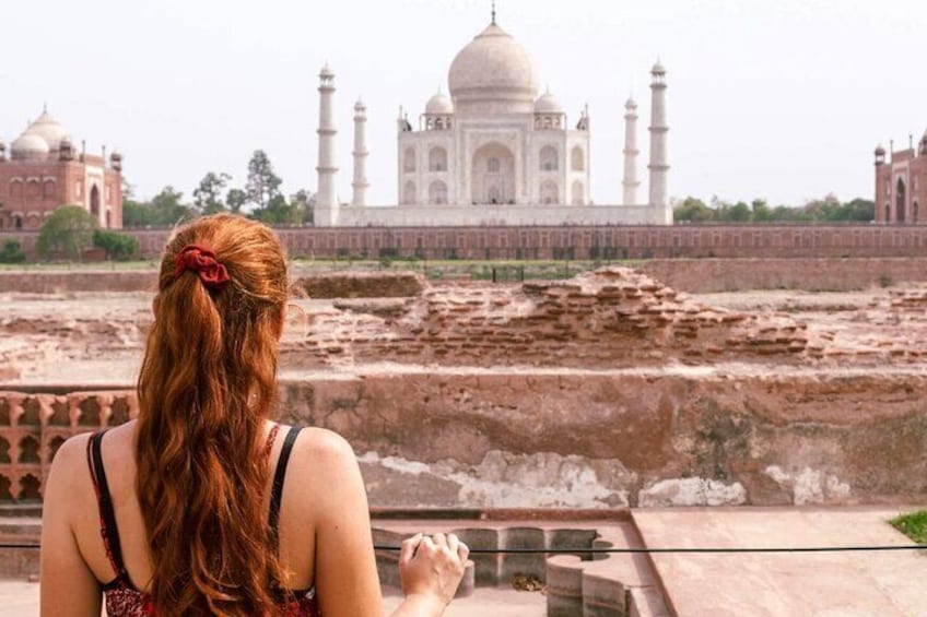 A person with long hair tied in a ponytail, looking at the Taj Mahal. 5